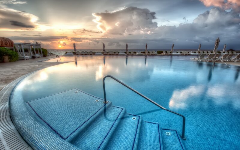 Infinity Pool at Sunset — Blue, Dramatic, Photograph