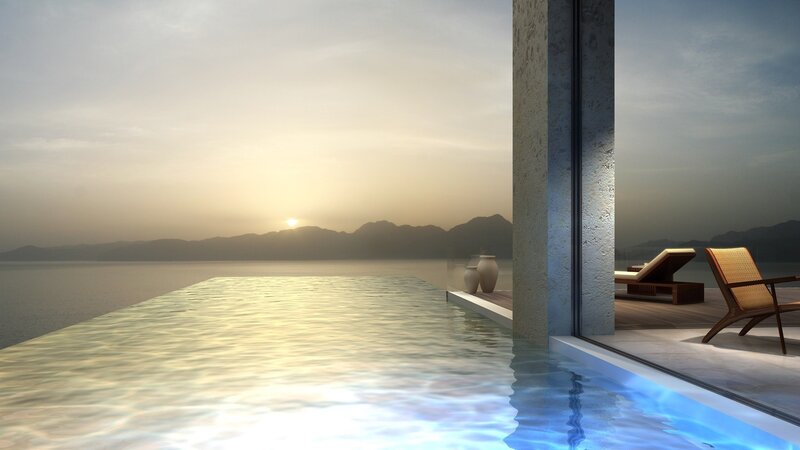 Infinity Pool at Sunset — Blue, Serene, 3d Render, Mountains