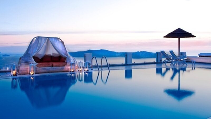 Infinity Pool at Sunset — Blue, Serene, Photograph, Lounge Chair
