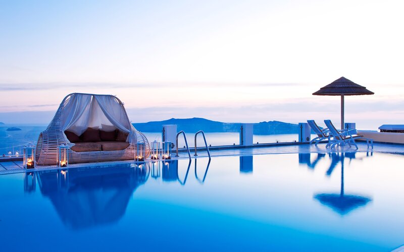 Infinity Pool at Sunset — Blue, Serene, Photograph, Lounge Chair, Umbrella