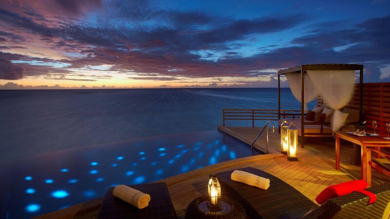 Infinity Pool at Sunset — Blue, Serene, Photograph, Lounge Chairs, Lanterns