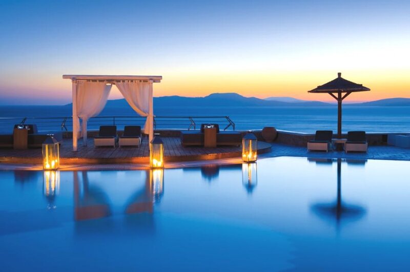 Infinity Pool at Sunset — Blue, Serene, Photograph, Lounge Chairs