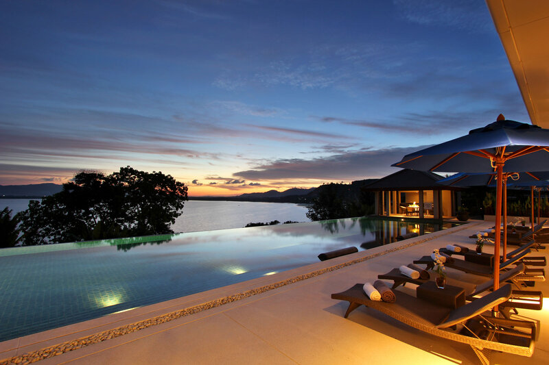Infinity Pool at Sunset — Blue, Serene, Photograph, Lounge Chairs, Umbrellas