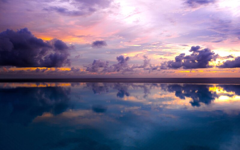 Infinity Pool at Sunset — Blue, Serene, Photograph, Ocean, Clouds