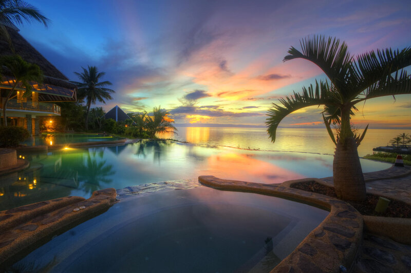 Infinity Pool at Sunset — Blue, Serene, Photograph, Palm Tree, Ocean
