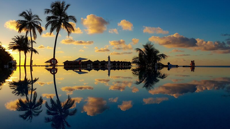 Infinity Pool at Sunset — Blue, Serene, Photograph, Palm Trees, Clouds