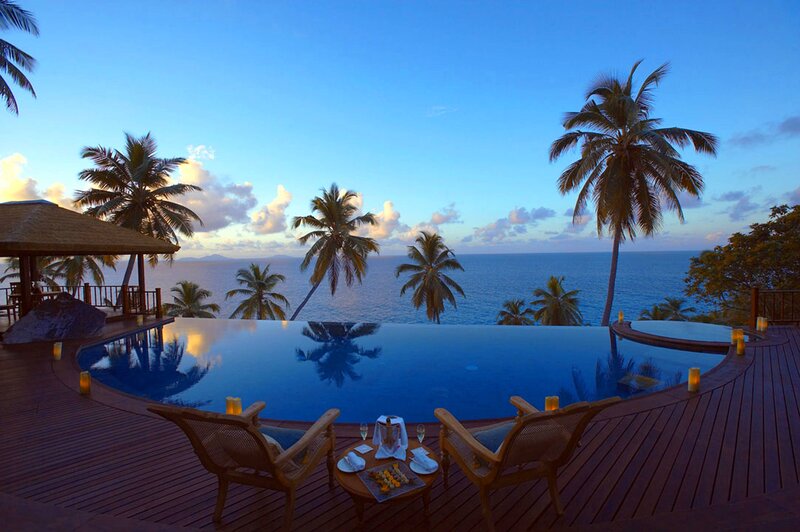 Infinity Pool at Sunset — Blue, Serene, Photograph, Palm Trees, Ocean, Deck, Chairs