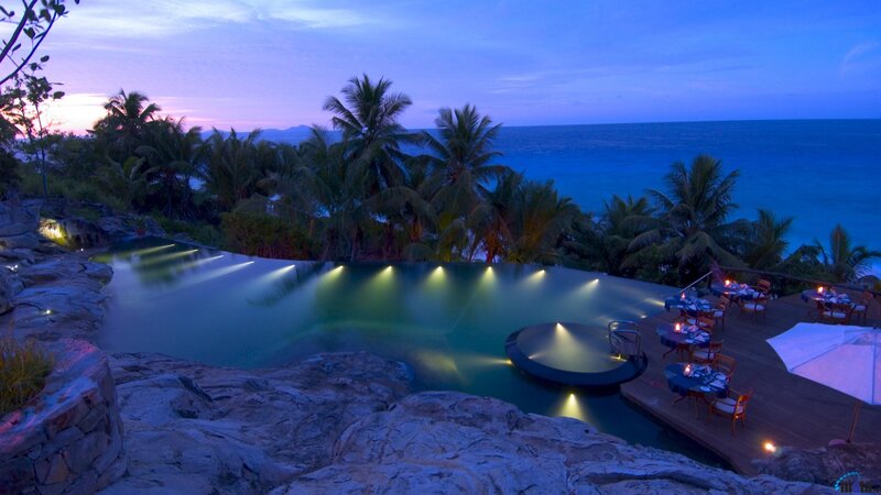 Infinity Pool at Sunset — Blue, Serene, Photograph, Palm Trees, Ocean, Deck
