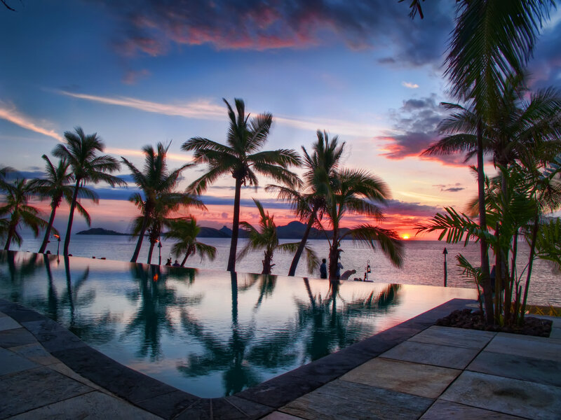 Infinity Pool at Sunset — Blue, Serene, Photograph, Palm Trees, Ocean, Sky