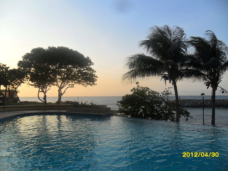 Infinity Pool at Sunset — Blue, Serene, Photograph, Palm Trees, Ocean