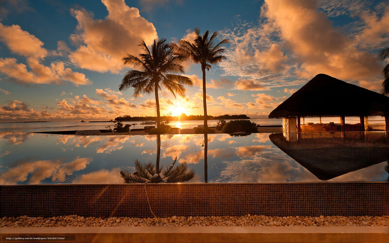 Infinity Pool at Sunset — Blue, Serene, Photograph, Palm Trees, Thatched Hut, Clouds