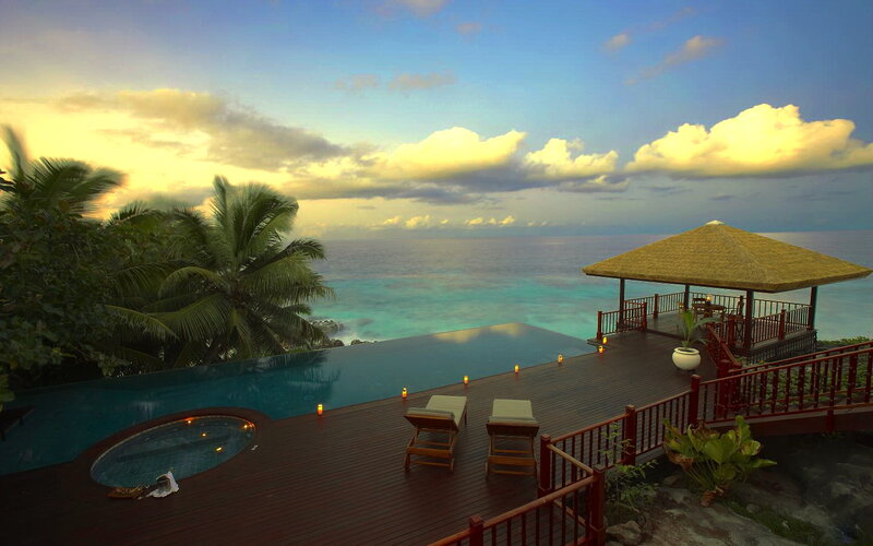 Infinity Pool at Sunset — Blue, Serene, Photograph, Palm Trees