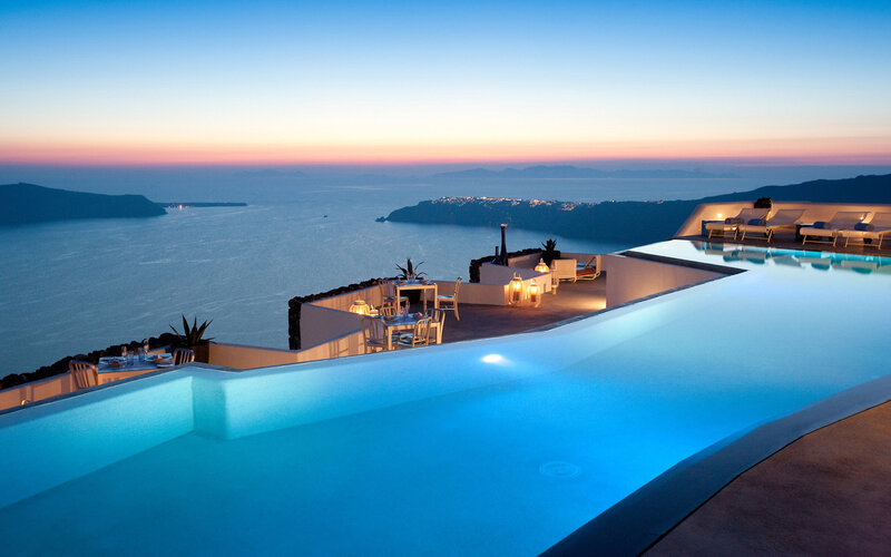 Infinity Pool at Sunset — Blue, Serene, Photograph, Sea