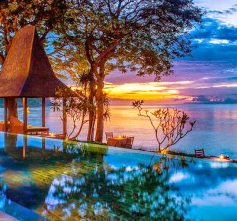 Infinity Pool at Sunset — Blue, Serene, Photograph, Tree