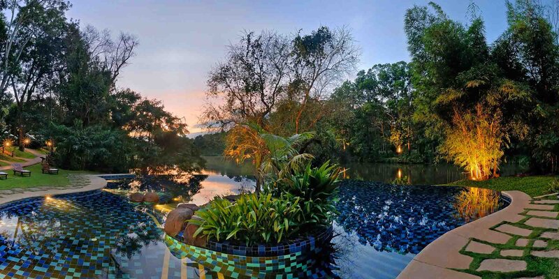 Infinity Pool at Sunset — Blue, Serene, Photograph, Trees, Lawn, Path