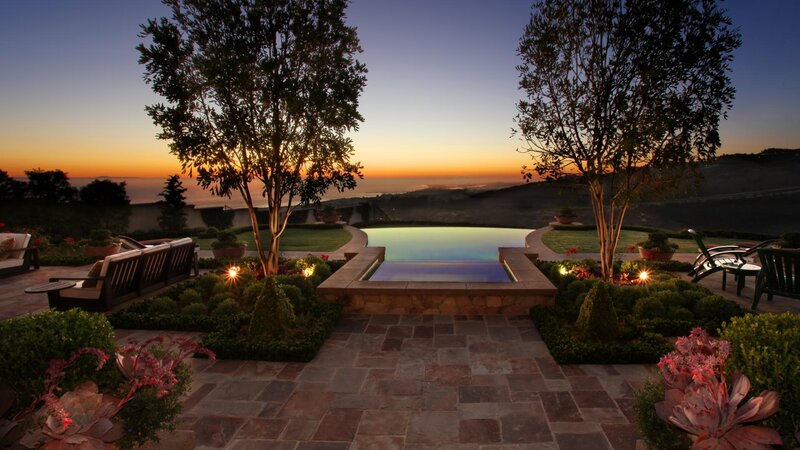 Infinity Pool at Sunset — Blue, Serene, Photograph, Trees, Lawn