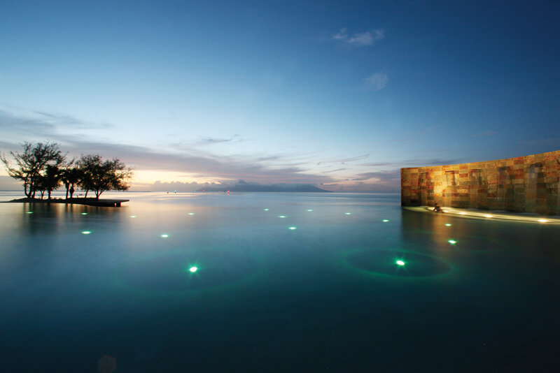 Infinity Pool at Sunset — Blue, Serene, Photograph, Trees