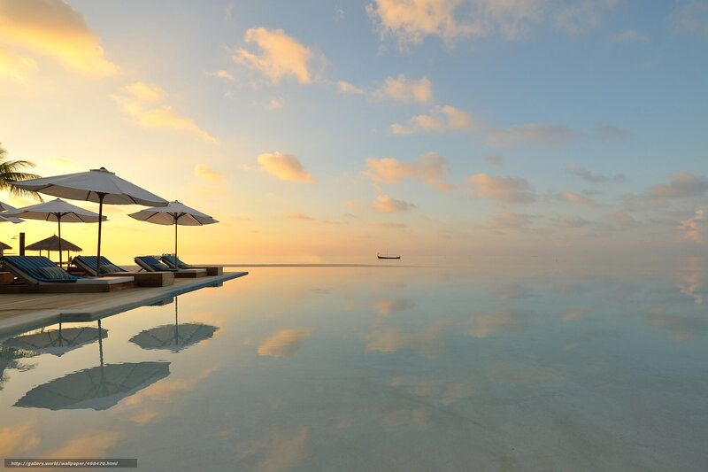 Infinity Pool at Sunset — Blue, Serene, Photograph, Umbrellas, Loungers, Boat