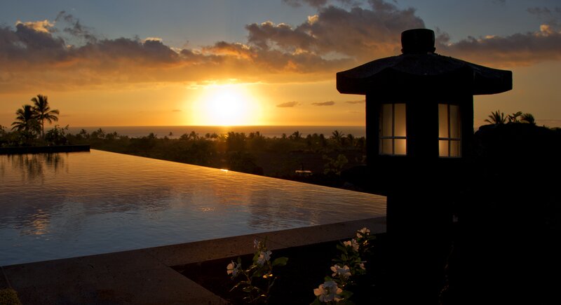 Infinity Pool at Sunset — Orange, Serene, Photograph, Lantern