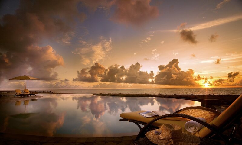 Infinity Pool at Sunset — Orange, Serene, Photograph, Lounge Chairs
