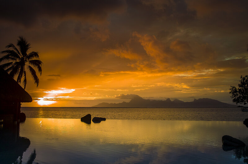 Infinity Pool at Sunset — Orange, Serene, Photograph, Palm Tree, Mountains
