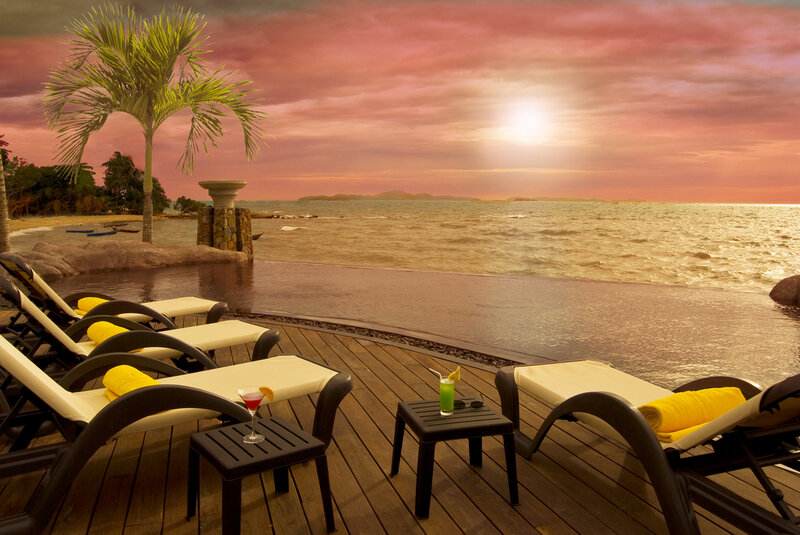 Infinity Pool at Sunset — Orange, Serene, Photograph, Palm Tree