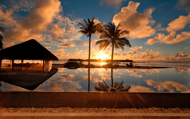 Infinity Pool at Sunset — Orange, Serene, Photograph, Palm Trees