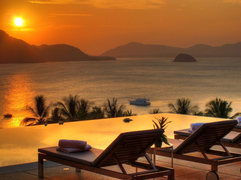Infinity Pool at Sunset — Orange, Serene, Photograph, Sun