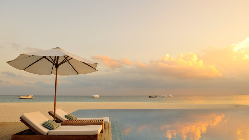 Infinity Pool at Sunset — Orange, Serene, Photograph, Umbrella