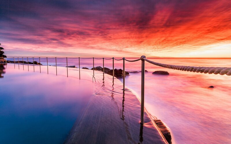 Infinity Pool at Sunset — Pink, Serene, Photograph, Ocean