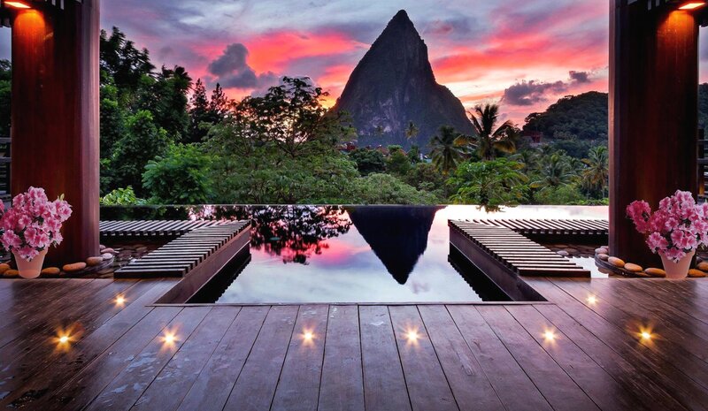 Infinity Pool at Sunset — Pink, Serene, Photograph