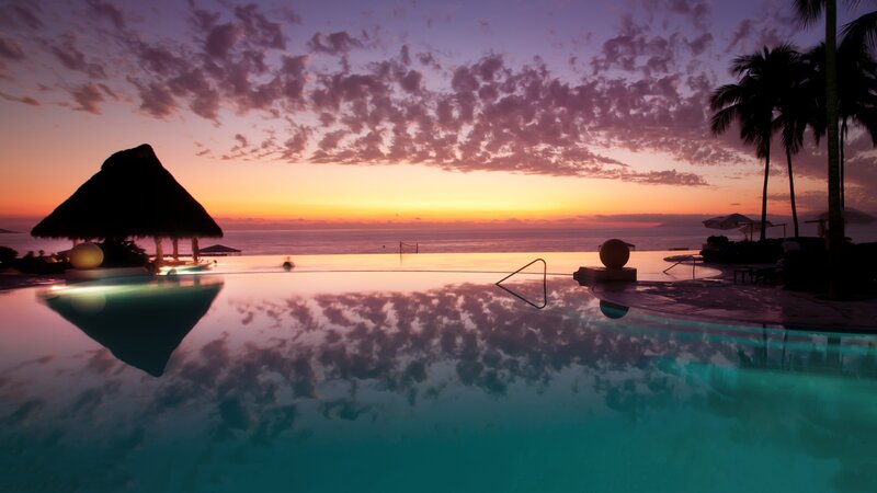 Infinity Pool at Sunset — Purple, Serene, Photograph, Ocean