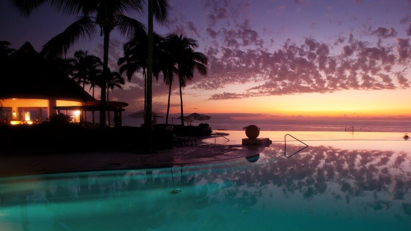 Infinity Pool at Sunset — Purple, Serene, Photograph, Palm Trees, Ocean