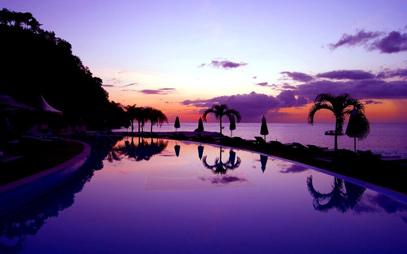 Infinity Pool at Sunset — Purple, Serene, Photograph, Palm Trees