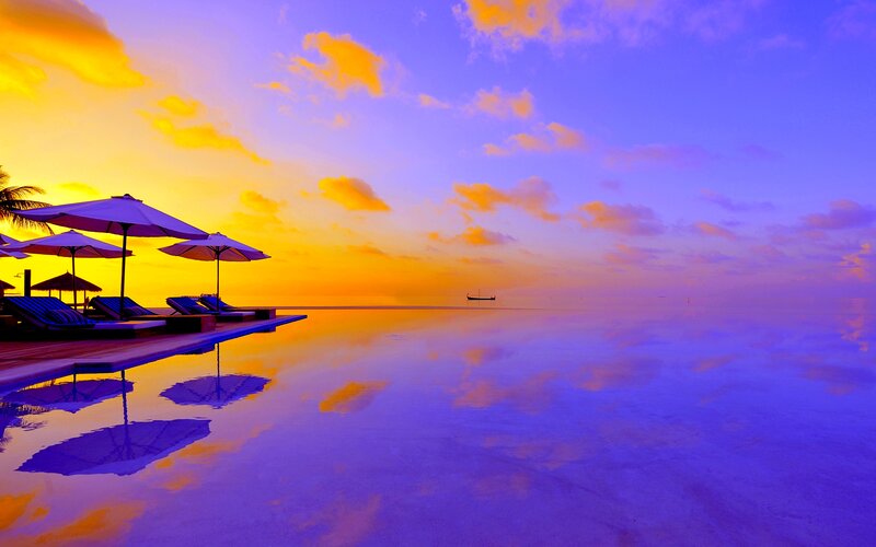 Infinity Pool at Sunset — Purple, Serene, Photograph
