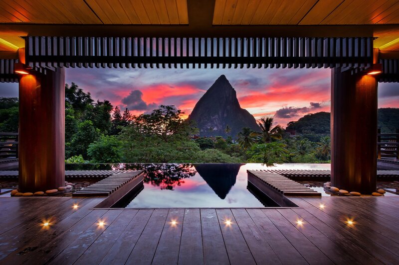 Infinity Pool at Sunset — Red, Serene, Photograph, Mountain, Trees