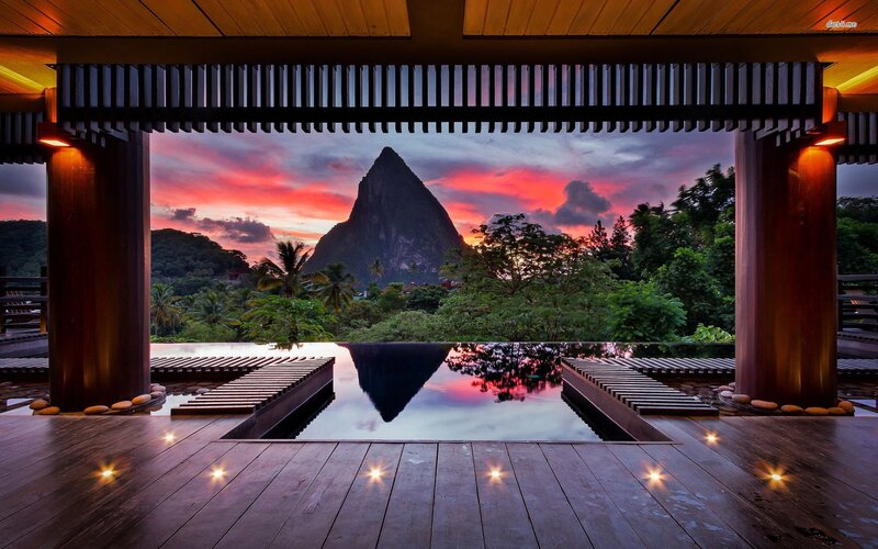 Infinity Pool at Sunset — Red, Serene, Photograph