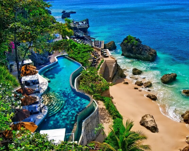 Infinity Pool Overlooking Beach — Blue, Serene, Afternoon, Photograph, Ocean