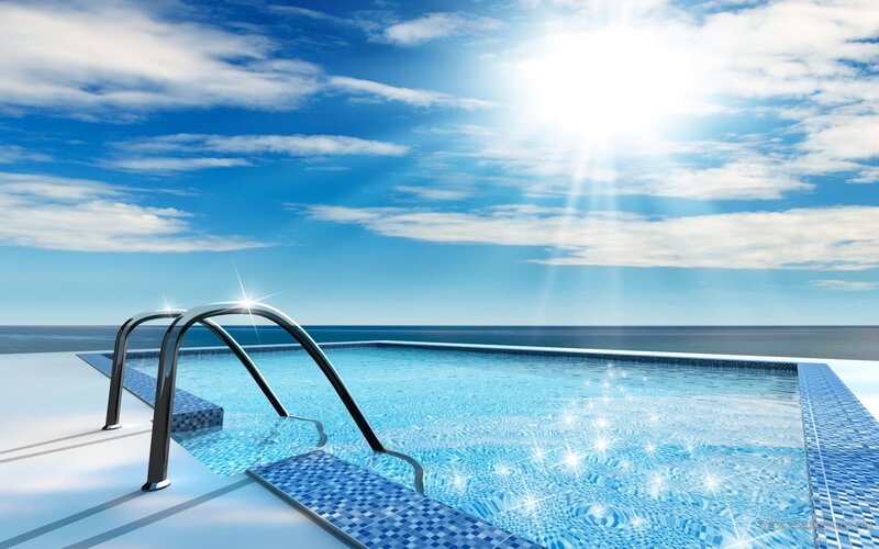 Infinity Pool Overlooking Ocean — Blue, Serene, Afternoon, 3d Render, Pool Ladder, Sky