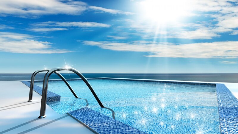 Infinity Pool Overlooking Ocean — Blue, Serene, Afternoon, 3d Render, Pool Ladder