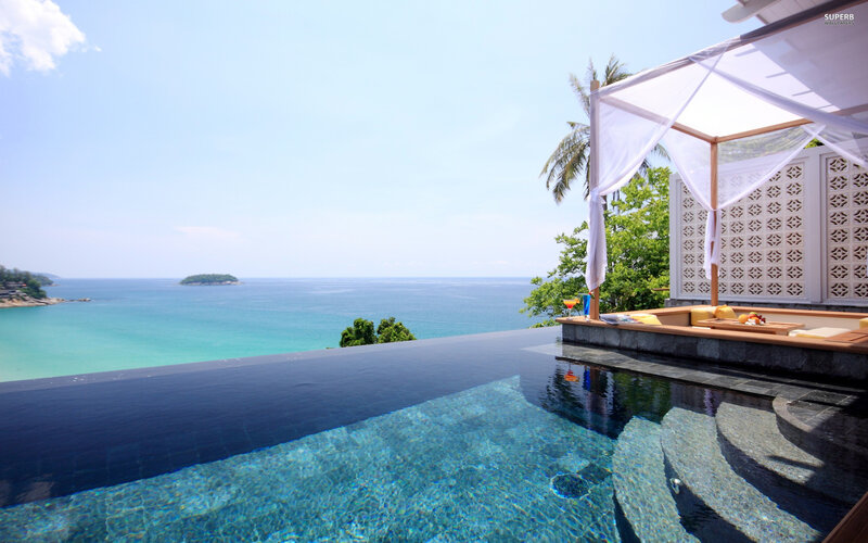 Infinity Pool Overlooking Ocean — Blue, Serene, Afternoon, Photograph, Island