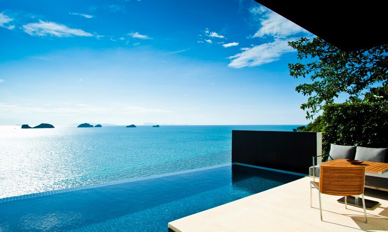 Infinity Pool Overlooking Ocean — Blue, Serene, Afternoon, Photograph, Islands, Trees