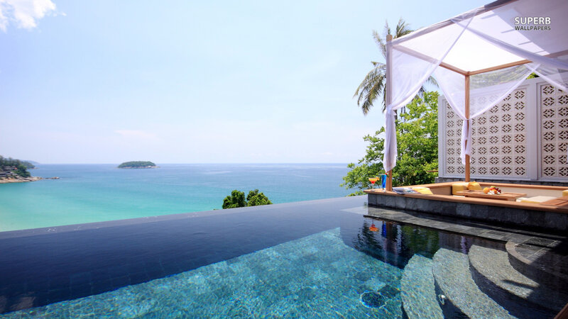 Infinity Pool Overlooking Ocean — Blue, Serene, Afternoon, Photograph, Palm Tree, Lounge Chair