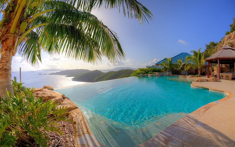 Infinity Pool Overlooking Ocean — Blue, Serene, Afternoon, Photograph, Palm Tree, Mountains