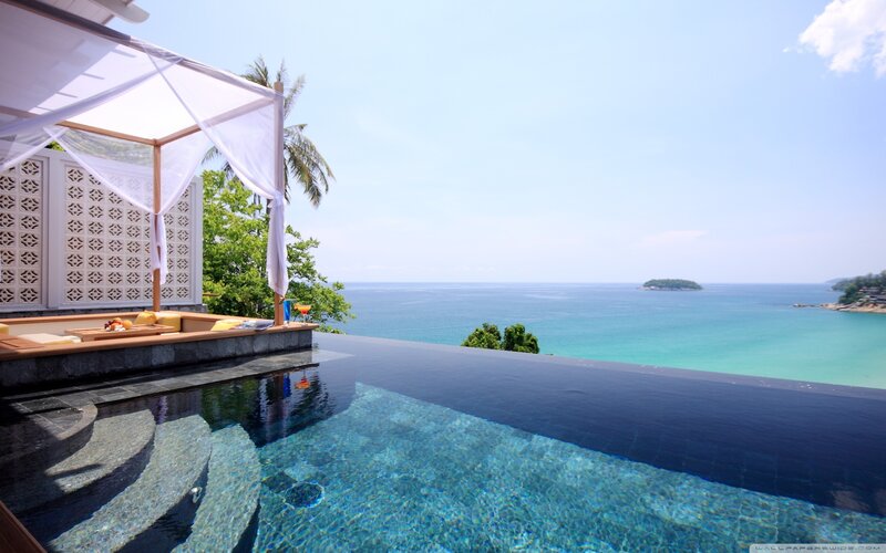 Infinity Pool Overlooking Ocean — Blue, Serene, Afternoon, Photograph, Palm Tree