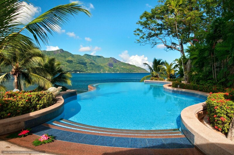 Infinity Pool Overlooking Ocean — Blue, Serene, Afternoon, Photograph, Palm Trees, Mountains, Flowers