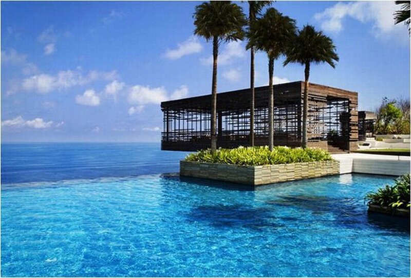Infinity Pool Overlooking Ocean — Blue, Serene, Afternoon, Photograph, Palm Trees