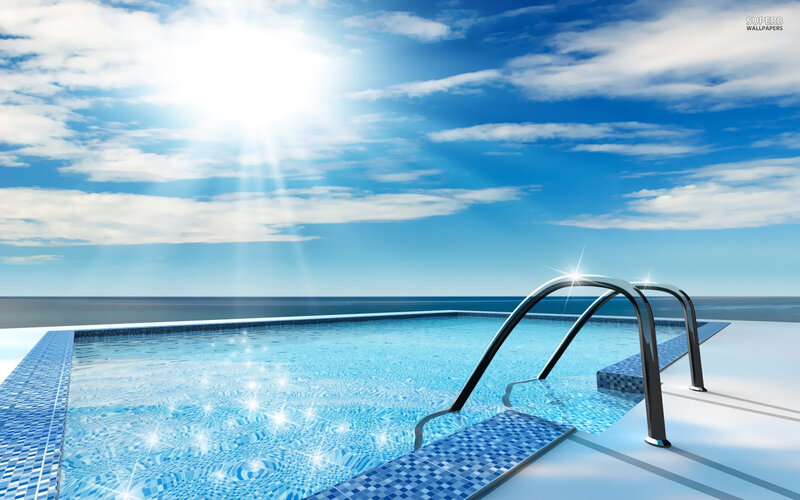 Infinity Pool Overlooking Ocean — Blue, Serene, Afternoon, Photograph, Pool Ladder