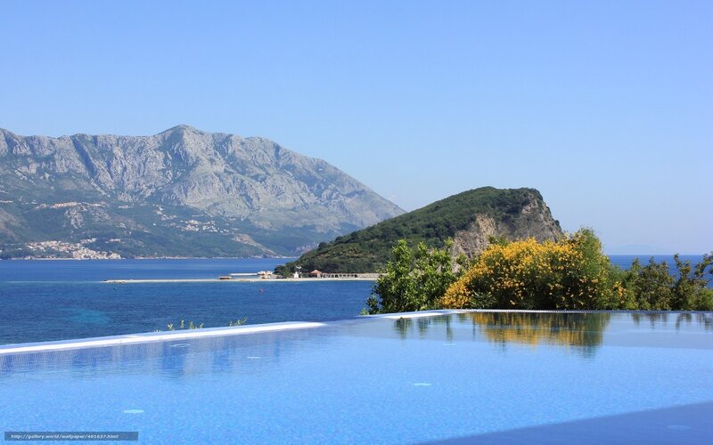 Infinity Pool Overlooking Sea — Blue, Serene, Afternoon, Photograph, Mountains
