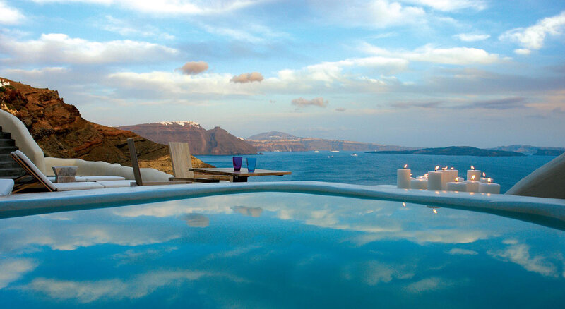 Infinity Pool Overlooking Sea — Blue, Serene, Sunset, Photograph, Candles
